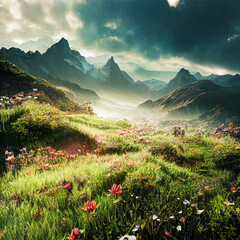 Breathtaking panorama of morning wild nature high in mountains