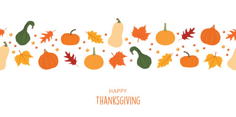 happy thanksgiving greeting card with pumpkin and autumn leave banner