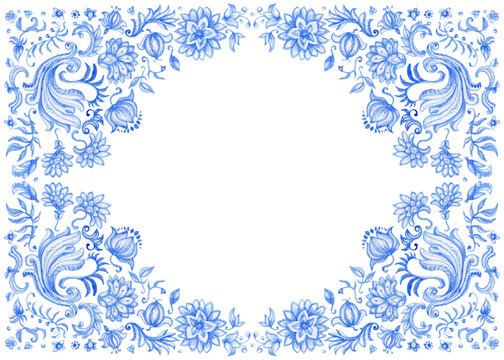 Watercolor painted indigo blue damask pattern vignette isolated on transparent background. Tile frame with Baroque and floral ornaments 