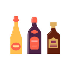 Set bottles of champagne liquor rum . Icon bottle with cap and label. Great design for any purposes. Flat style. Color form. Party drink concept. Simple image shape