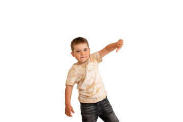 little boy showing thumbs down on a white isolated background. child showing bad gesture