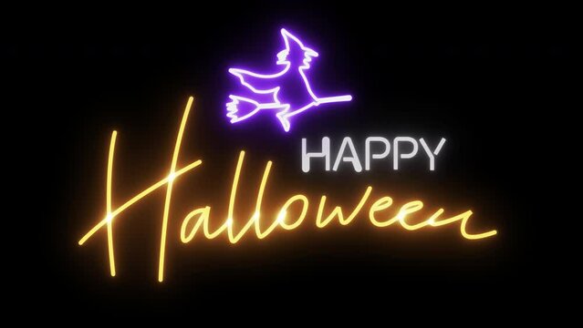Happy Halloween neon animated sign. Whitch. 4K. Alpha channel. Seamless loop