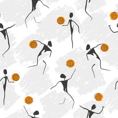 Volleyball pattern. Sport game seamless vector illustration with players and balls.