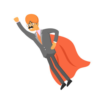 Indian Businessman With Cloak Of Superman. Man In Business Suit And Turban, Business People Vector Illustration.