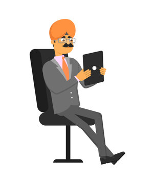 Indian Businessman With Tablet Computer. Sitting Man In Business Suit And Turban, Business People Vector Illustration.