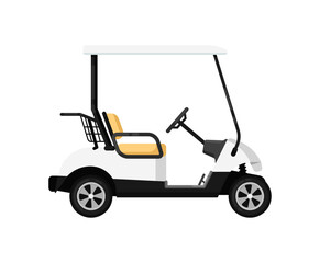 Golf car isolated icon in flat design. Modern auto vehicle, outdoor people transportation and travel activity vector illustration. - obrazy, fototapety, plakaty