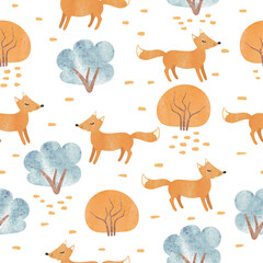 Seamless cartoon woodland pattern with fox and trees. Vector watercolor forest illustration.  © Afanasia