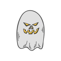 Scary ghost flat. Spooky soul. Autumn Halloween holiday. Angry face. Monster costume. Hand drawn vector illustration.