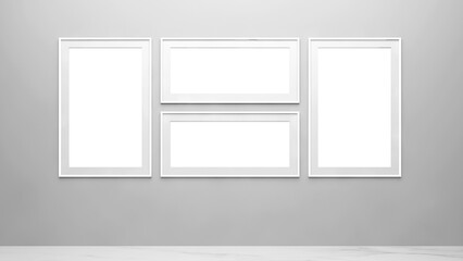 Empty frames mockup on the wall. White picture frames mockup on the wall. A horizontal and vertical frame for painting. Four empty white mockup frames hanging on a white wall. 3d illustration.