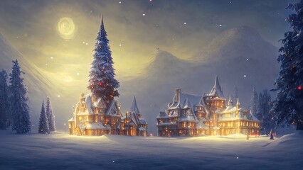 Naklejka premium Winter fairy castle, holiday decorations, neon, night, lanterns and garlands. Winter night landscape forest near the river. Christmas tree. Festive background. 3D illustration