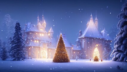 Winter fairy castle, holiday decorations, neon, night, lanterns and garlands. Winter night landscape forest near the river. Christmas tree. Festive background. 3D illustration - obrazy, fototapety, plakaty