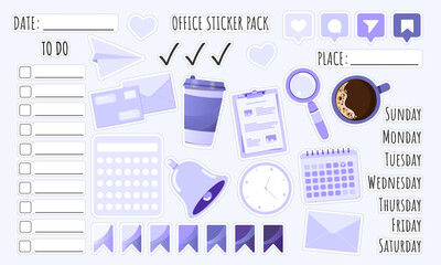 Set of office elements like a calendar, clock or coffee in flat style. Date, place, to do, days of the week and calendar stickers for notebook, diary, organizer or planner.