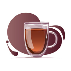 Vector illustration of glass mug with double bottom with black tea on dark gradient background. Tea party concept for banner, website, social media, app, flyer and stickers	