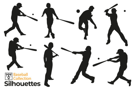 Collection of isolated baseball players silhouettes.