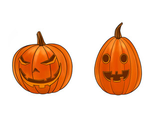 Halloween set of isolated pumpkins. Hand drawn illustration. Jack-o-Lantern on White Background, Halloween Holiday