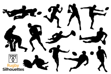 Set of isolated silhouettes of rugby players in different poses.
