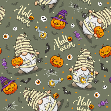 Seamless Pattern Halloween Mummy Gnome, Cute Cartoon Illustration