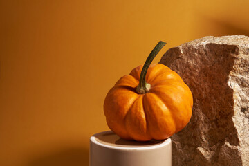 Close-up. An orange pumpkin on a porcelain podium. Against the background of natural stone. With a...