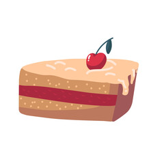 vector Icon fruit biscuit cake with cherry.Piece of layered chocolate cake with maraschino cherry. Hand drawn cake slice isolated illustration.