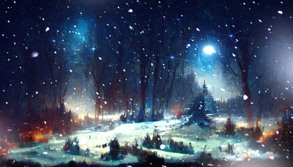 winter blue starry night sky and bright moon ,snowy green tree Christmas fairy in city park ,snow flakes fall , nature landscape abstract art painting