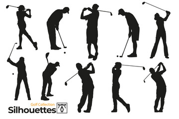 Isolated silhouettes of people playing golf.