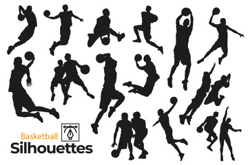Black silhouettes of basketball players.