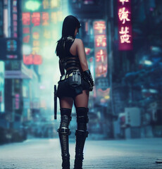 Cyberpunk girl walking down a street