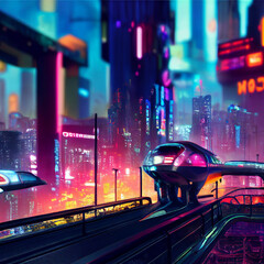 Futuristic train in cyberpunk city