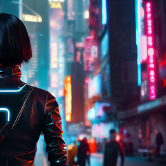 Girl in leather jacket in cyberpunk city