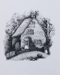 Old beautiful vintage cottage in the woods. A detailed sketch of a house with a tree made with liner