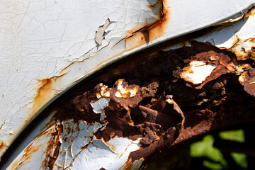 Rusted white painted metal wall. Rusty metal background with streaks of rust.