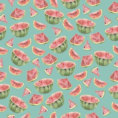 Seamless watercolor of watermelon slices and seeds. Summer red fruit, watermelon pattern. Summer background.
