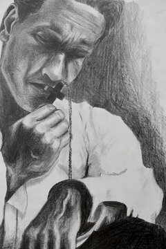 Picture of a man kissing the cross. The illustration is drawn in pencil