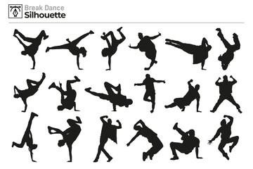 Collection of silhouettes of people dancing break dance.