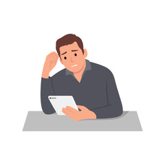 Young man unhappy looking at phone or tablet, he is feeling nervous of bad confused and disappointed. Flat vector illustration isolated on white background