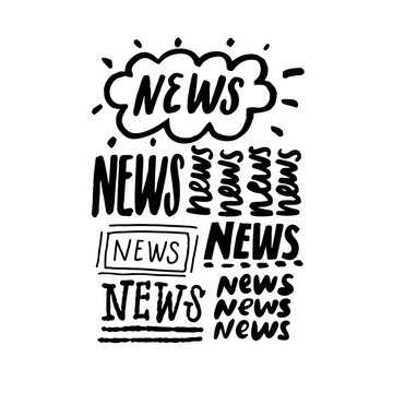 News banner, different handwritten lettering styled word news. Black vector text collage, typography caption