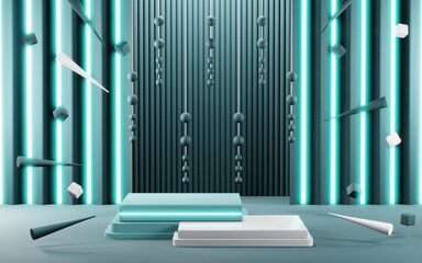 Fototapeta premium 3D rendering of blank product background for cream cosmetics Modern blue pastel podium background