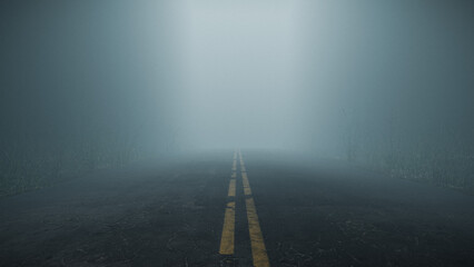 Misty foggy road in forest
