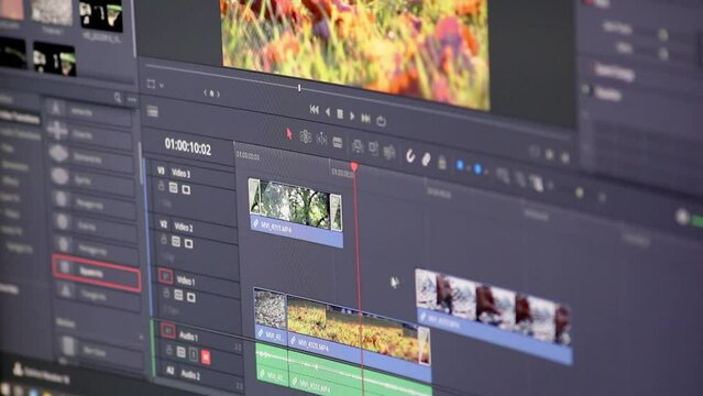 Professional video editing process for movie production with expert software to cut footage clips and mix sequences or color grading with cinematic effects and video and sound design in studio quality