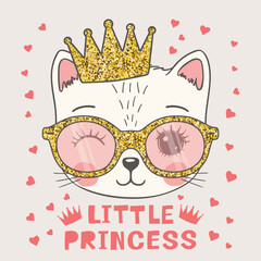 Little Princess. Cute cat girl face with crown, glittering sunglasses. Hand drawn vector illustration