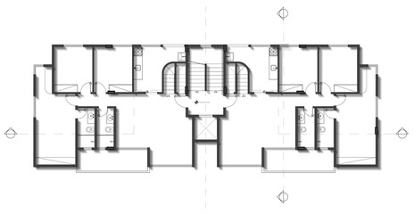 Projeto de arquitetura representando a planta-baixa de uma edificação de apartamentos, ou casa geminada
