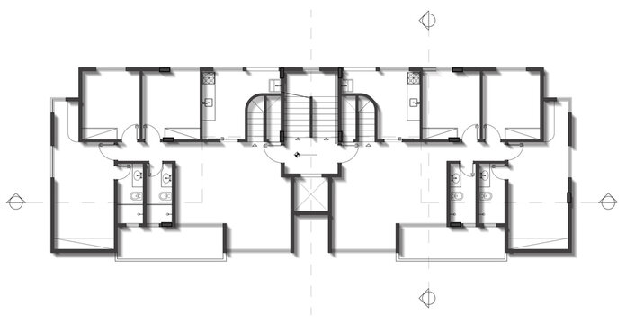 Projeto De Arquitetura Representando A Planta-baixa De Uma Edificação De Apartamentos, Ou Casa Geminada