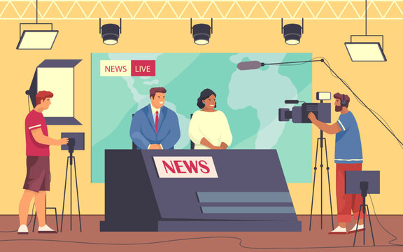 Reportage in studio news, broadcast, vector banner
