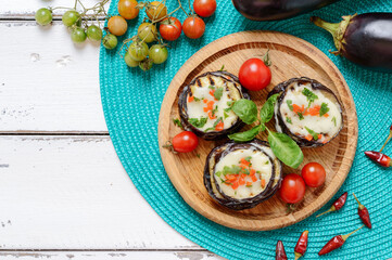 Parmigiana di melanzane. Baked eggplant, tomatoes and cheese. Italy, sicily cousine. Top view
