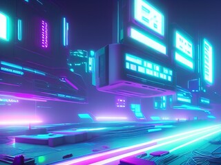 Cyberpunk Industrial Abstract Future Wallpaper. Urban Futuristic concept. Blue pink violet Evening urban landscape. 3D illustration.