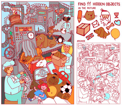 Find  hidden objects. Toy factory. Conveyor. Puzzle game for kids. Waiting for Christmas. Hand drawn vector illustration. Worksheet.