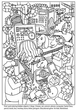 Coloring page with game find  hidden objects. Toy factory. Conveyor. Waiting for Christmas. Hand drawn vector. Coloring book. Worksheet.