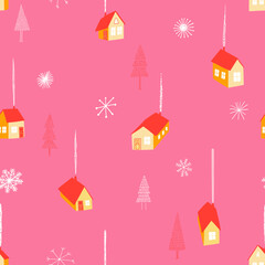 Winter seamless pattern with cozy home village