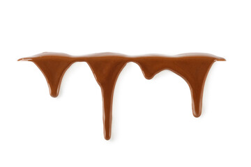 Liquid chocolate sauce, syrup dripping. Melted chocolate drops of sweet dark milk chocolate sauce on white pedestal on white background.