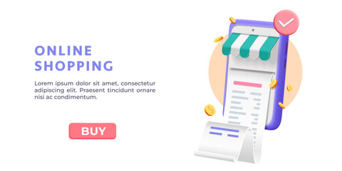 3d vector  realistic render shopping online payment on mobile app web banner. Paying with phone  mockup illustration design concept. Business finance and security  system.